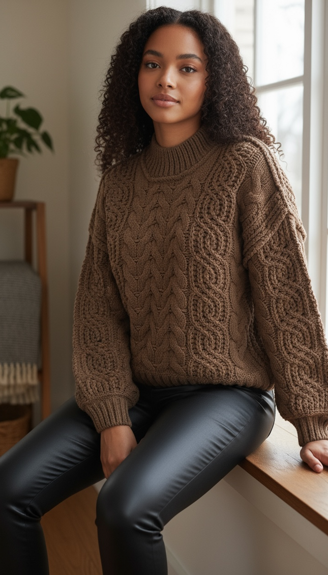 Cozy Cable-Knit Ribbed Turtleneck Sweater - Brown