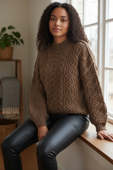 Cozy Cable-Knit Ribbed Turtleneck Sweater - Brown
