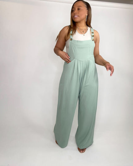 Wide Strap Overalls with Pleated Front Detail and Pockets - Gum Leaf