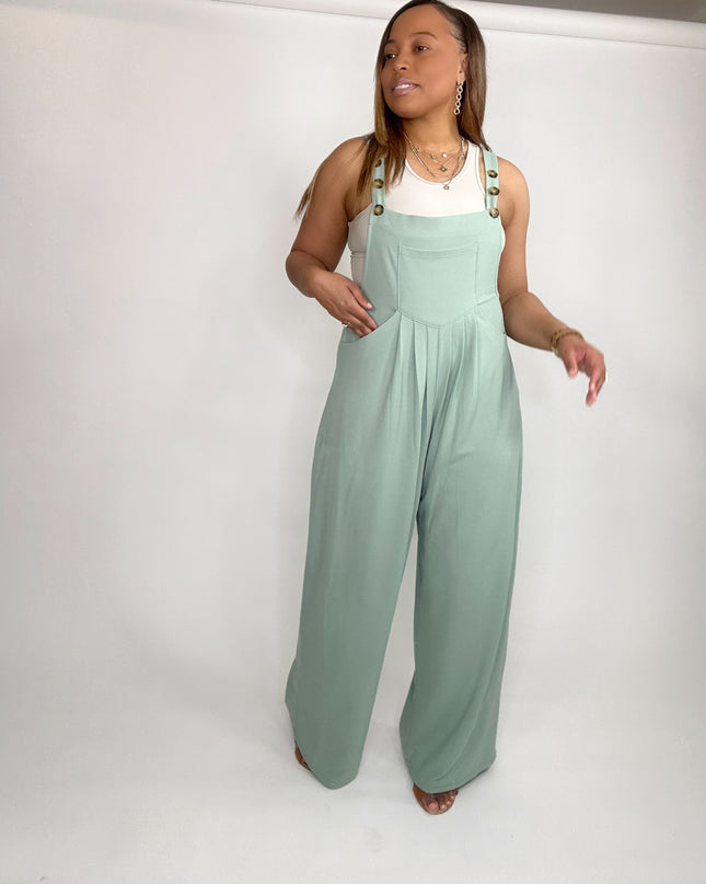 Wide Strap Overalls with Pleated Front Detail and Pockets - Gum Leaf