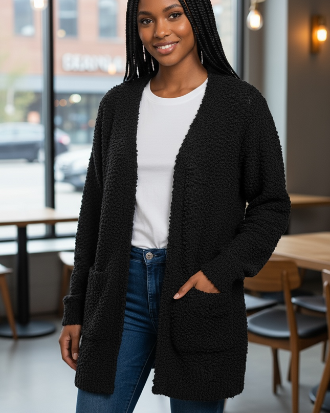Cozy Long Sleeve Sweater Cardigan with Pockets (Black)