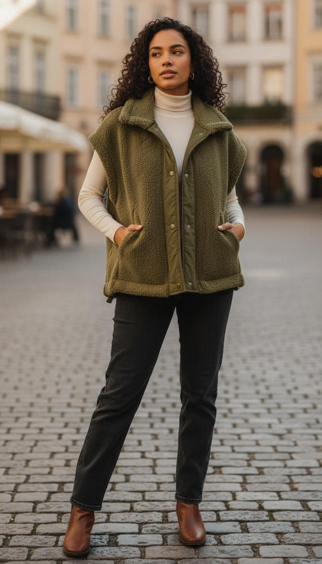 Relaxed Soft Sherpa Sleeveless Jacket - Olive