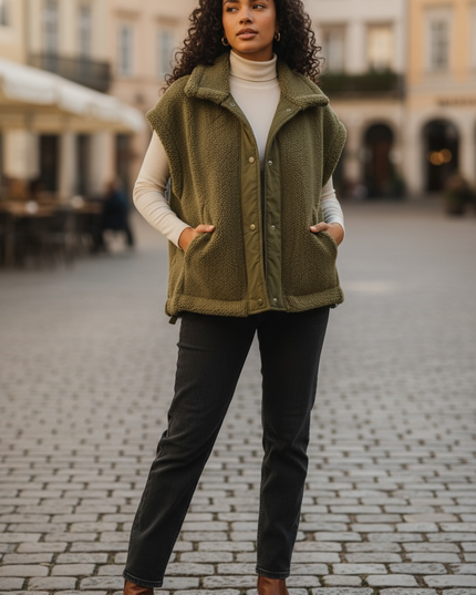 Relaxed Soft Sherpa Sleeveless Jacket - Olive