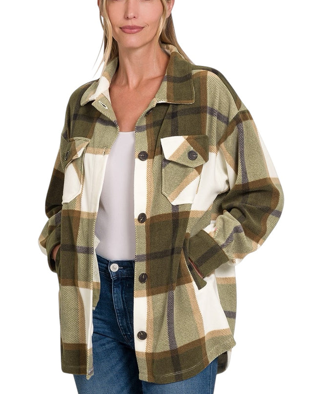 Oversized Plaid Fleece Shacket - Olive