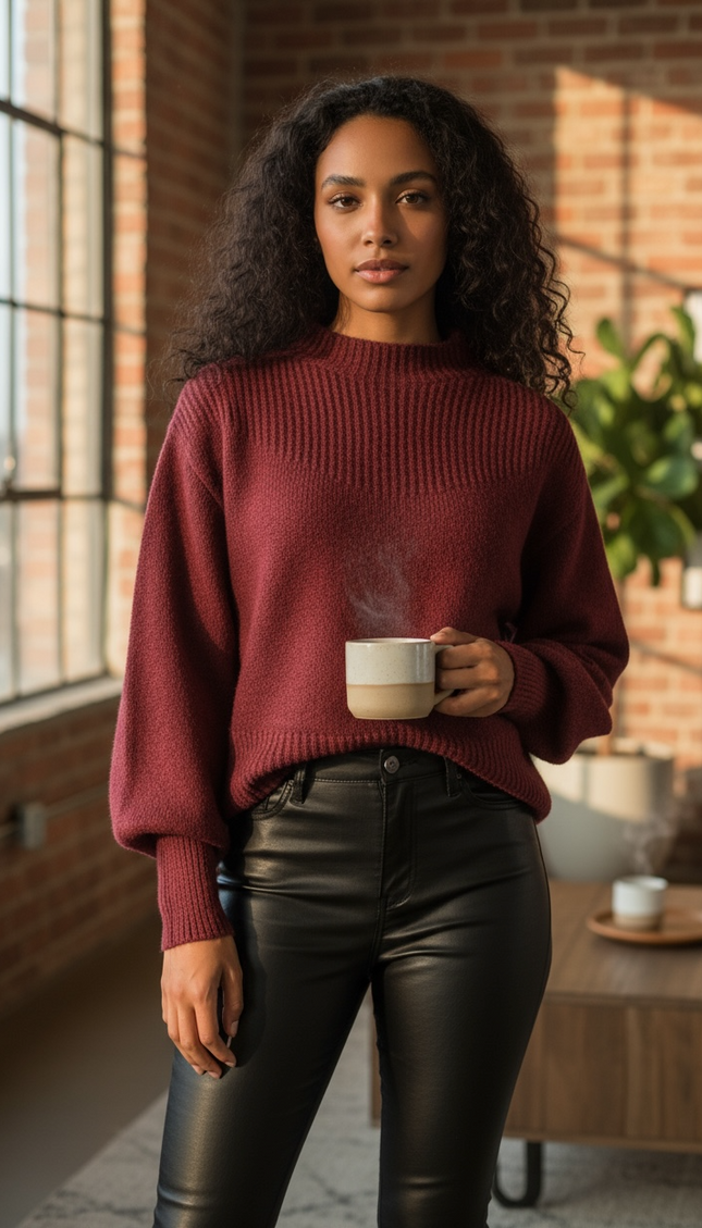 Chic Balloon Sleeve Mock Neck Sweater - Cabernet