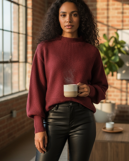Chic Balloon Sleeve Mock Neck Sweater - Cabernet