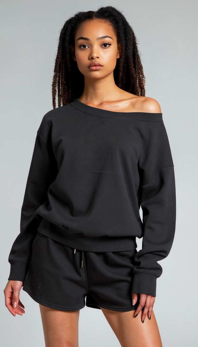 Fleece Boat Neck Sweatshirt and Shorts Set (Black)