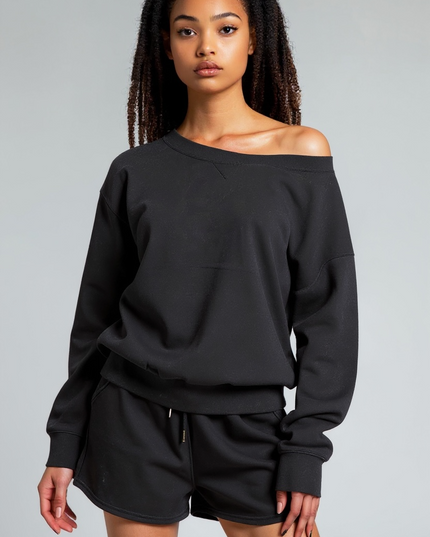 Fleece Boat Neck Sweatshirt and Shorts Set (Black)