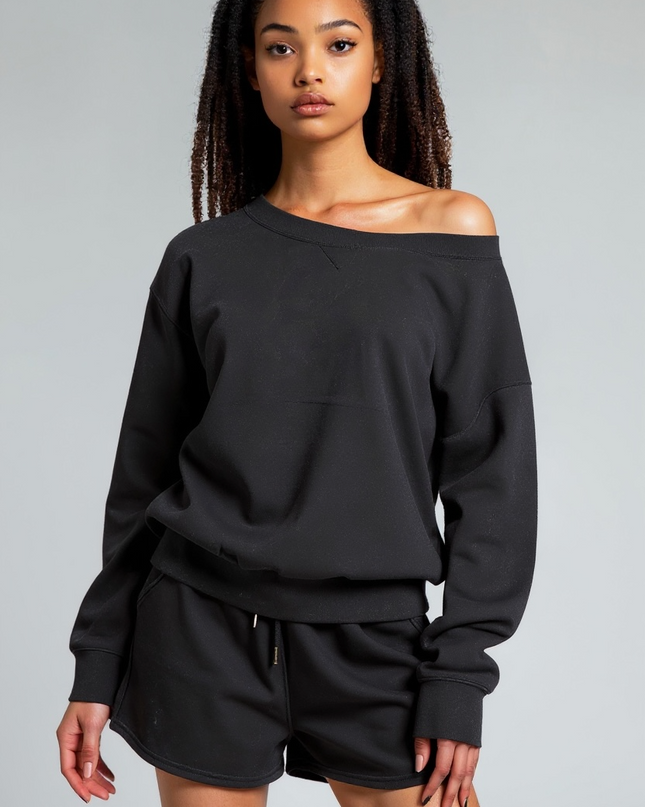 Fleece Boat Neck Sweatshirt and Shorts Set (Black)
