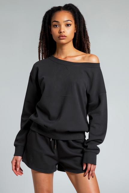 Fleece Boat Neck Sweatshirt and Shorts Set (Black)