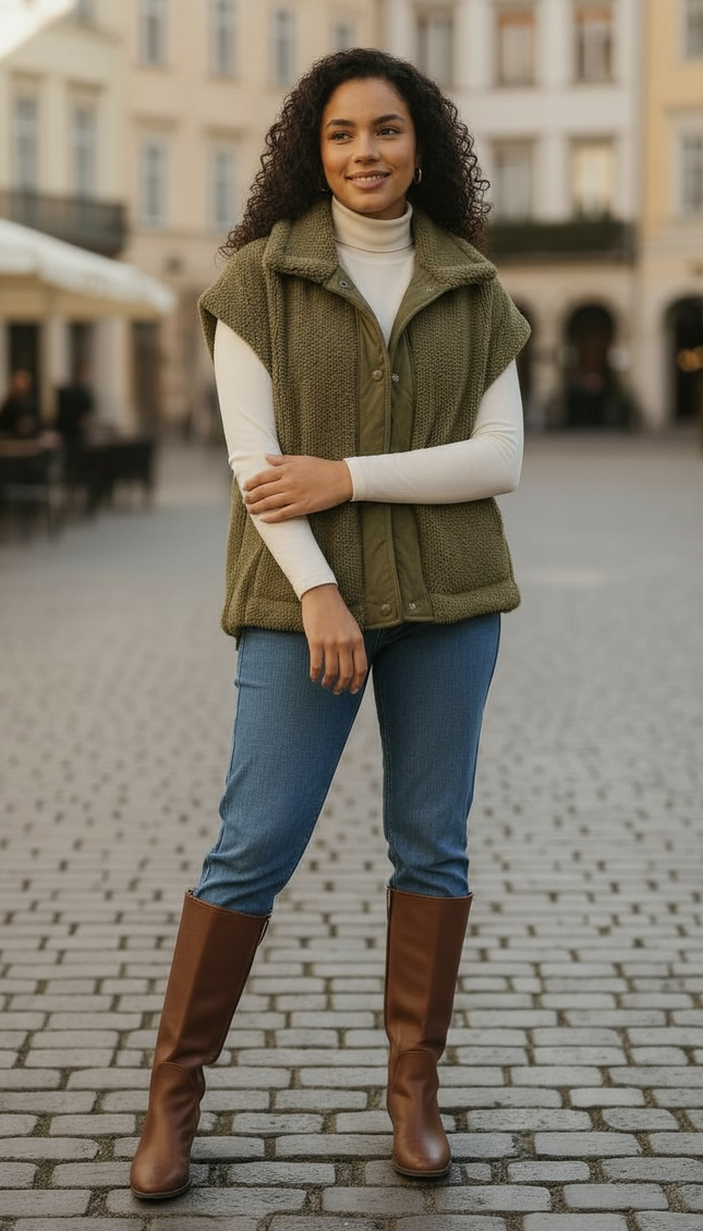 Relaxed Soft Sherpa Sleeveless Jacket - Olive
