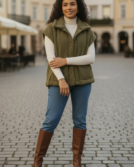 Relaxed Soft Sherpa Sleeveless Jacket - Olive