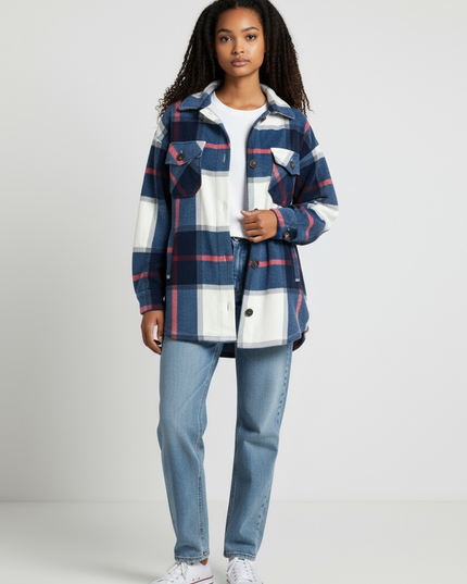 Oversized Plaid Fleece Shacket - Navy
