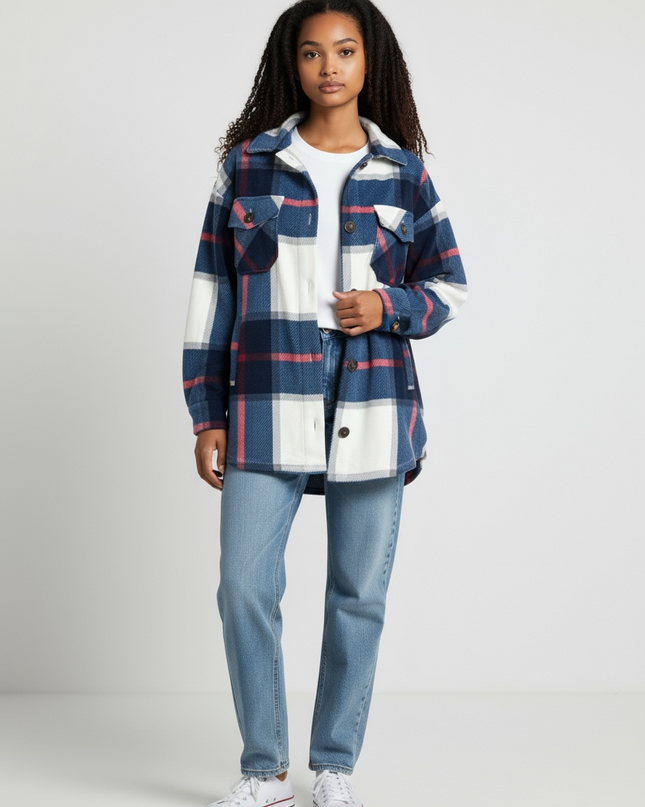 Oversized Plaid Fleece Shacket - Navy