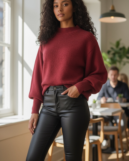 Chic Balloon Sleeve Mock Neck Sweater - Cabernet