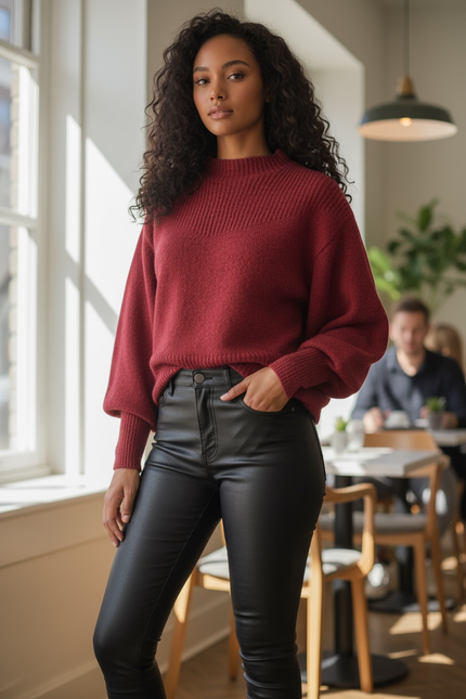Chic Balloon Sleeve Mock Neck Sweater - Cabernet