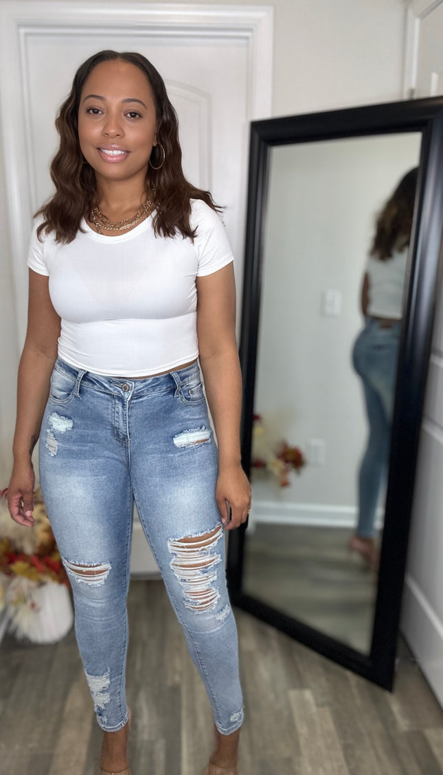 Distressed Light Wash Skinny Denim