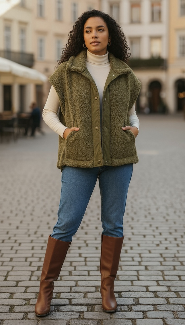 Relaxed Soft Sherpa Sleeveless Jacket - Olive