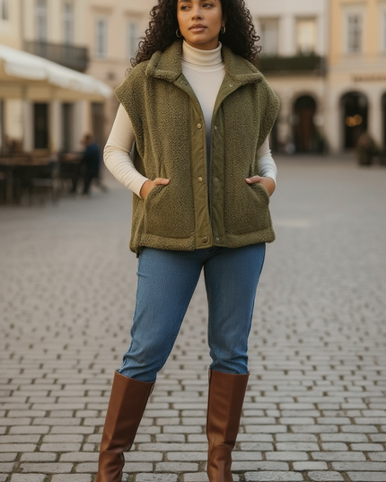 Relaxed Soft Sherpa Sleeveless Jacket - Olive