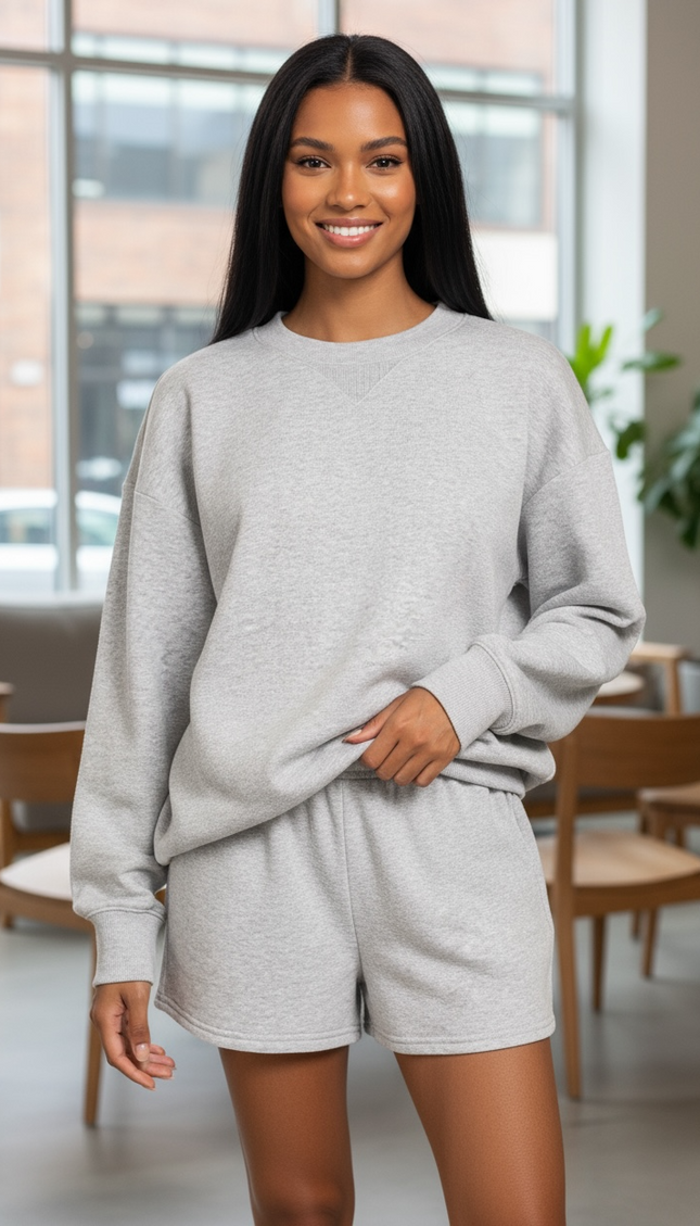 Fleece Long Sleeve Sweatshirts & Shorts Set - Grey