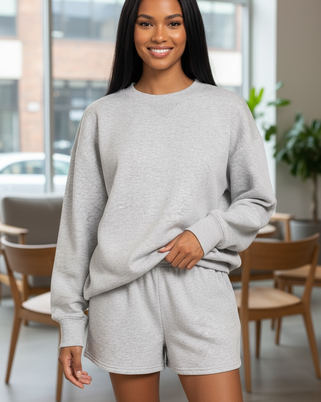 Fleece Long Sleeve Sweatshirts & Shorts Set - Grey