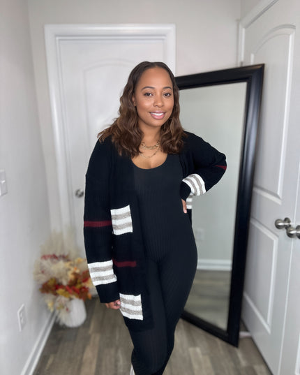 Unmatched Striped Rib-Knit Drop Shoulder Open Front Cardigan