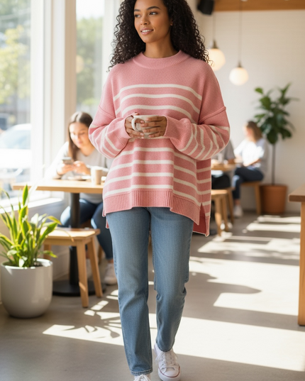 Cozy Days Striped Oversized Sweater - Pink