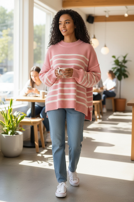 Cozy Days Striped Oversized Sweater - Pink