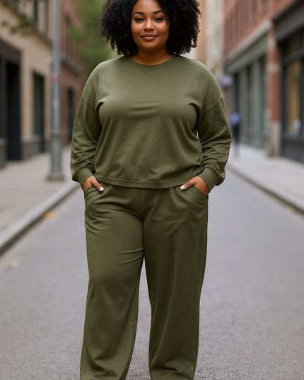 Crewneck Sweatshirt and Pants Set - Dark Olive
