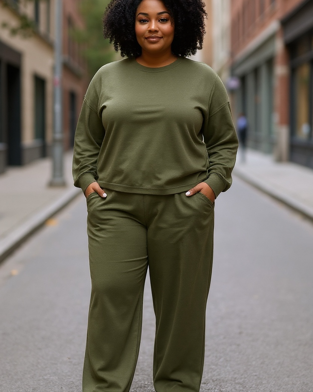 Crewneck Sweatshirt and Pants Set - Dark Olive