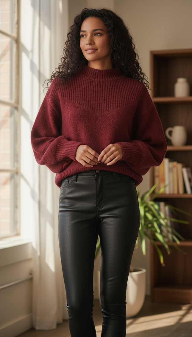 Chic Balloon Sleeve Mock Neck Sweater - Cabernet