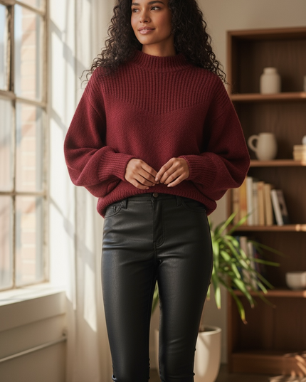Chic Balloon Sleeve Mock Neck Sweater - Cabernet