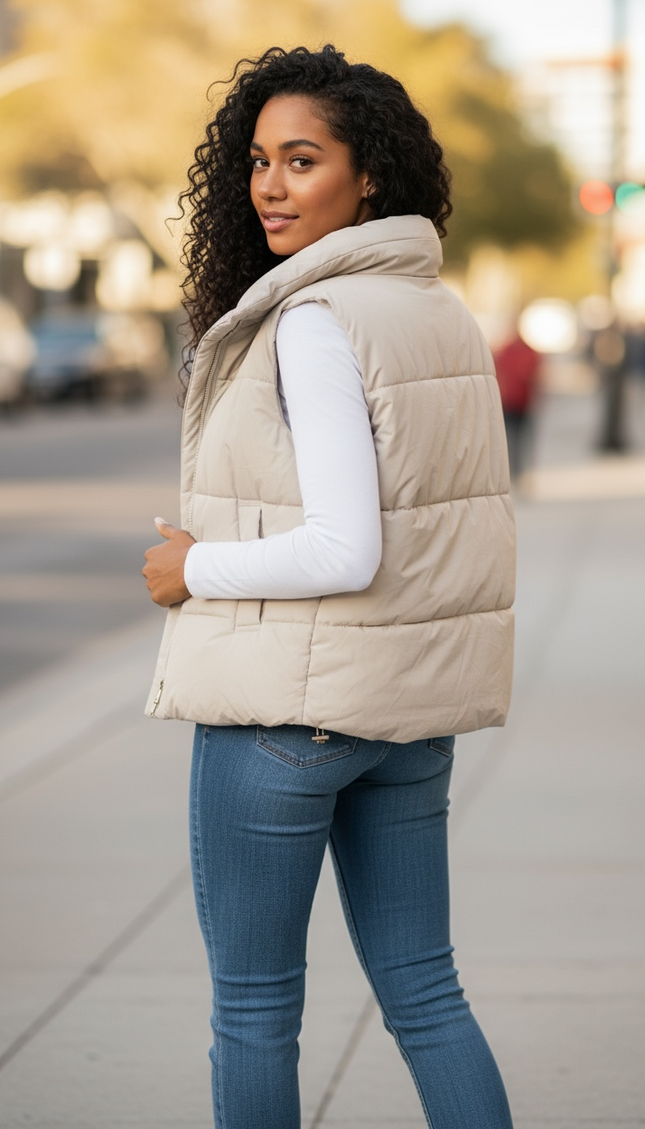 High Neck Zip-Up Vest Coat - Sand Beige