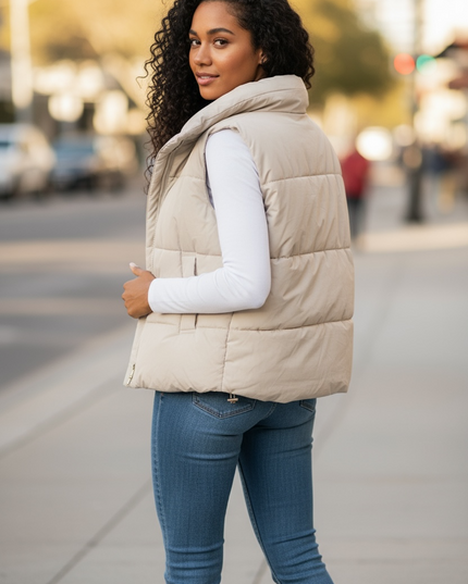 High Neck Zip-Up Vest Coat - Sand Beige