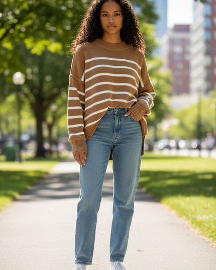 Cozy Days Striped Oversized Sweater - Deep Camel