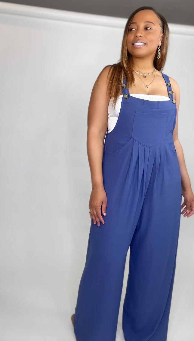 Wide Strap Overalls with Pleated Front Detail and Pockets - Indigo