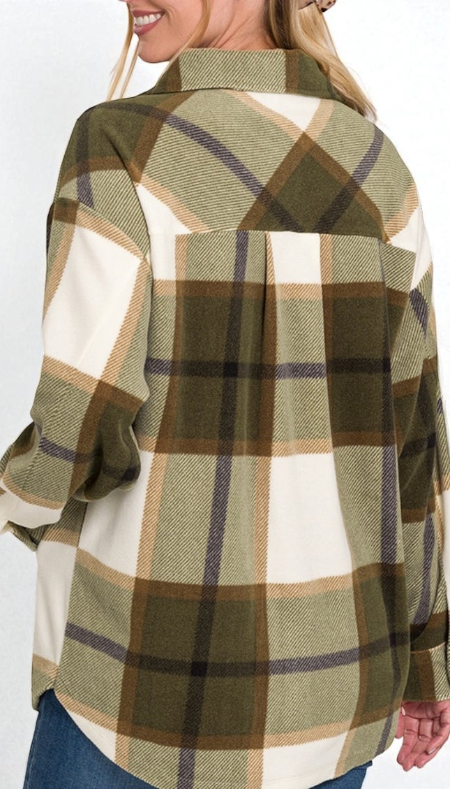 Oversized Plaid Fleece Shacket - Olive