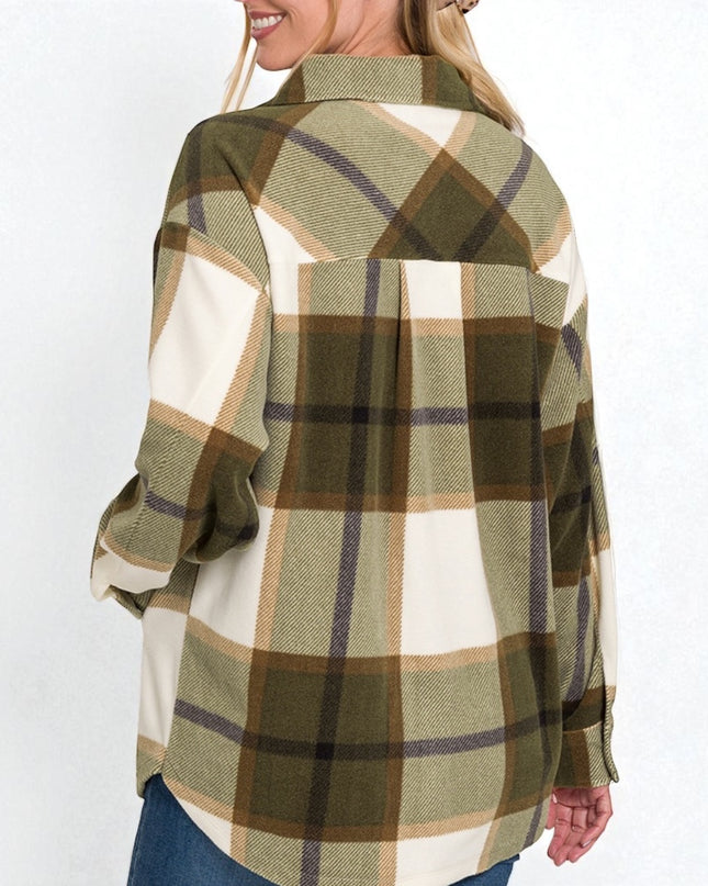 Oversized Plaid Fleece Shacket - Olive