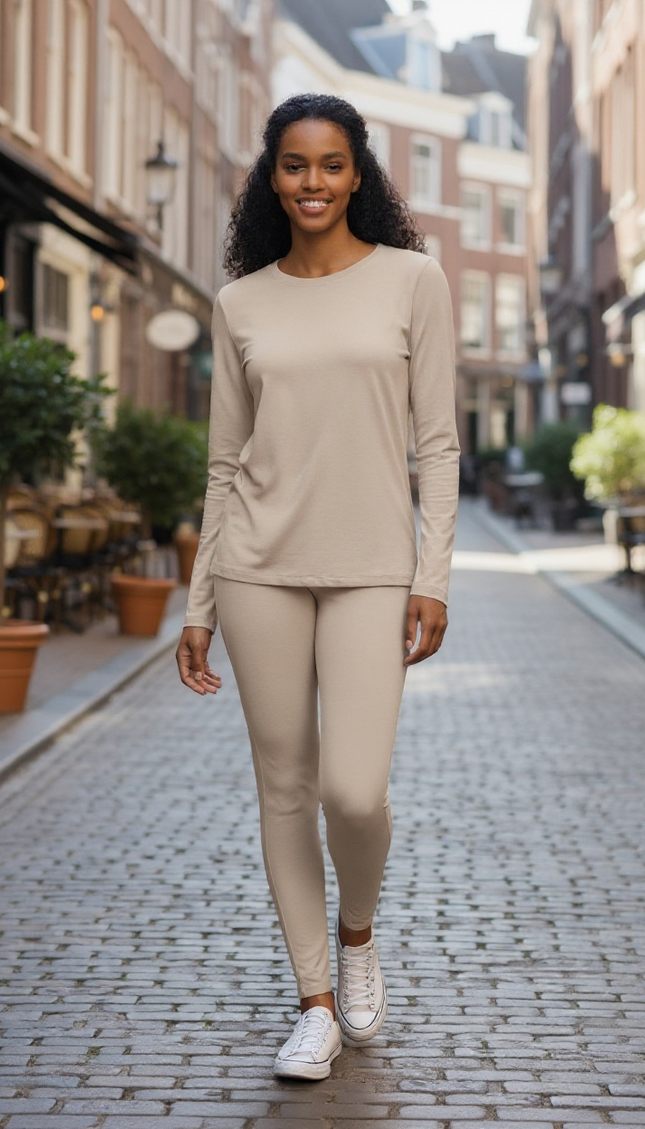 Microfiber Round Neck Top and Leggings Set - Mocha