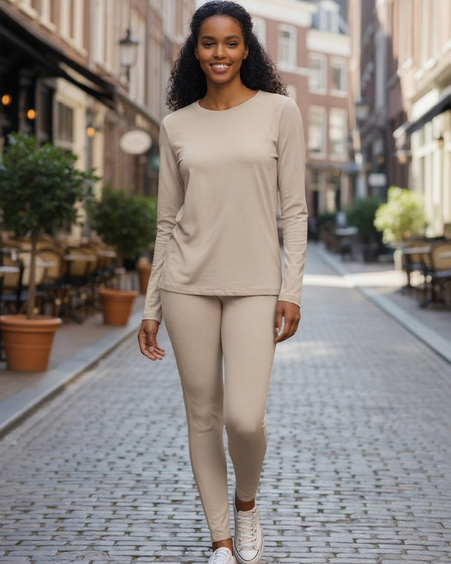 Microfiber Round Neck Top and Leggings Set - Mocha