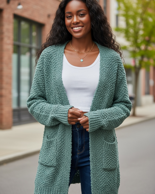 Cozy Long Sleeve Sweater Cardigan with Pockets (Ash Jade)