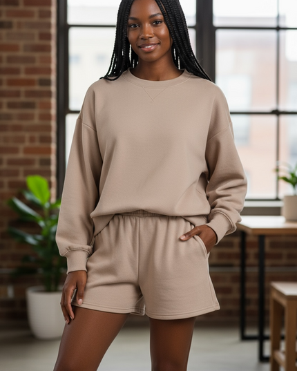 Fleece Long Sleeve Sweatshirts & Shorts Set - Mocha