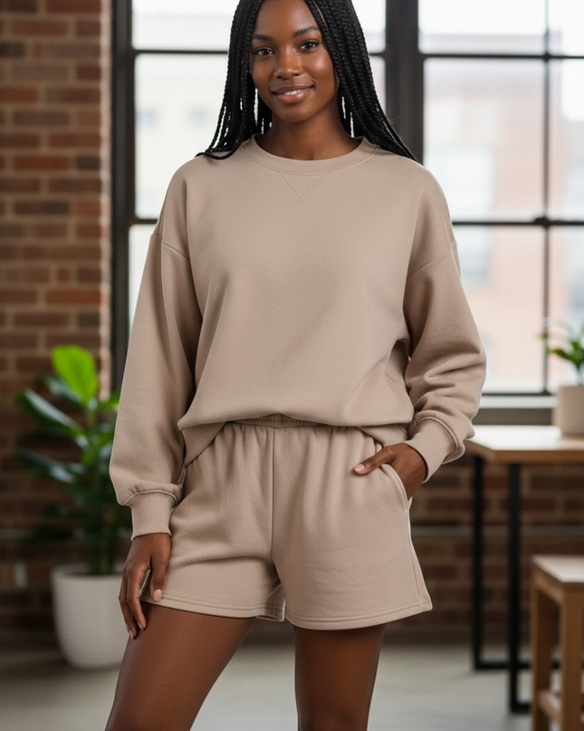 Fleece Long Sleeve Sweatshirts & Shorts Set - Mocha