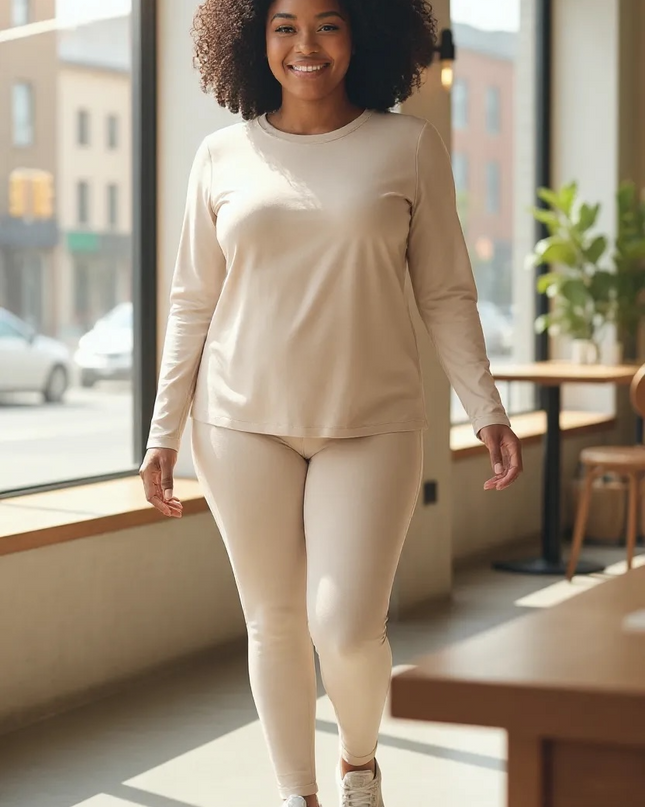 Microfiber Round Neck Top and Leggings Set - Mocha