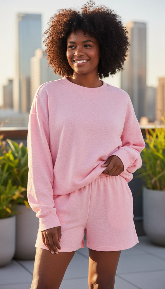 Your Favorite Long Sleeve Top and Shorts Set - Pink