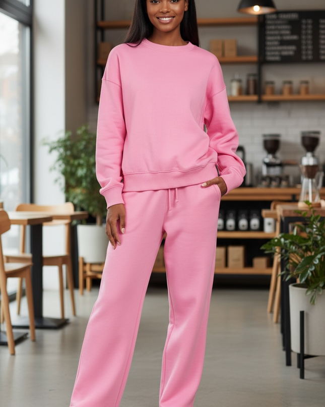 Fleece Long Sleeve Top and Sweatpants Set - Pink