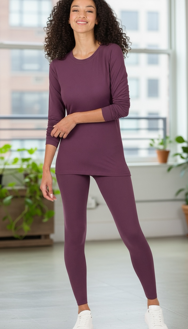 Microfiber Round Neck Top and Leggings Set - Eggplant