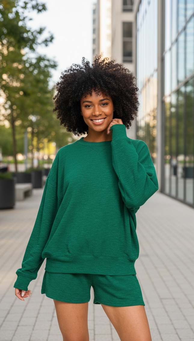 Your Favorite Long Sleeve Top and Shorts Set - Hunter Green