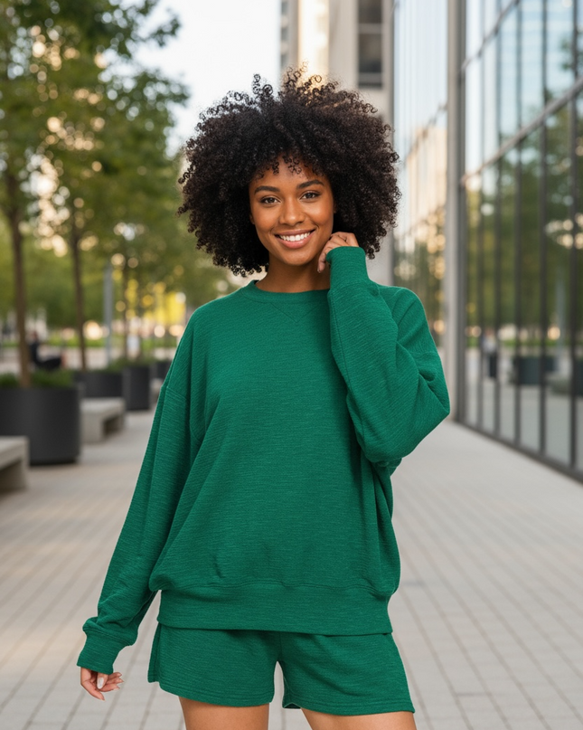 Your Favorite Long Sleeve Top and Shorts Set - Hunter Green