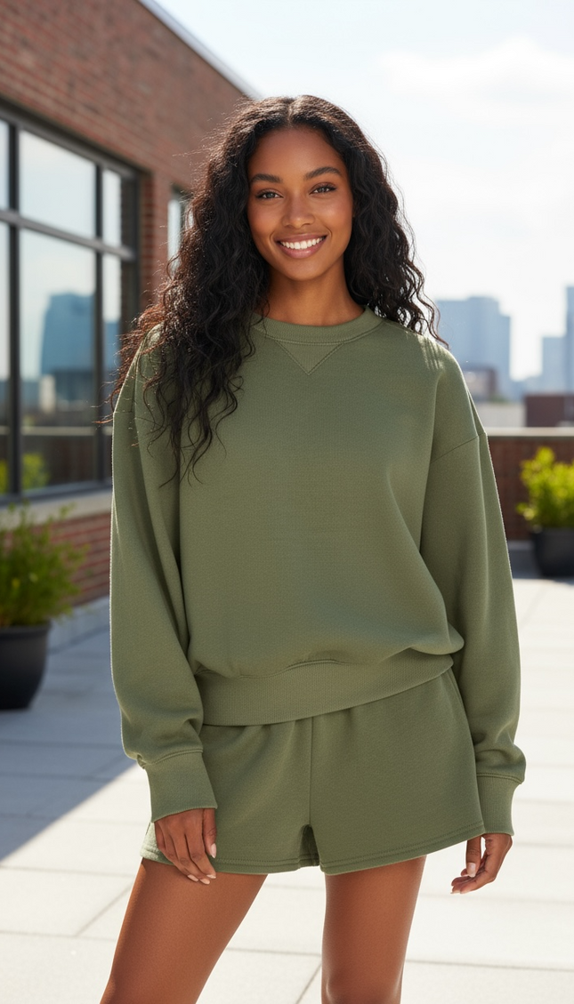 Fleece Long Sleeve Sweatshirts & Shorts Set - Dark Olive